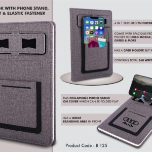 A5 Notebook With Phone Stand Card Pocket Mobile Pocket Pen Loop & amp Elastic Fastener