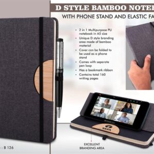 D Style Bamboo Notebook With Phone Stand And Elastic Fastener