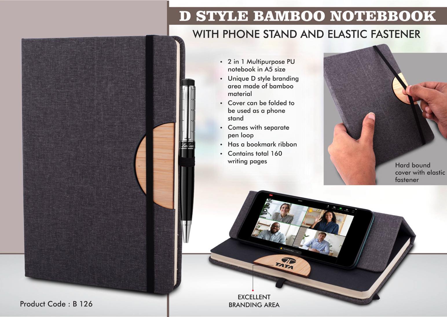 D Style Bamboo Notebook With Phone Stand And Elastic Fastener