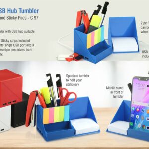 Folding USB hub tumbler with notepad and sticky pads
