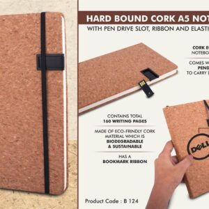Hard bound Cork A5 notebook with Pen Drive Slot  Ribbon and elastic fastener