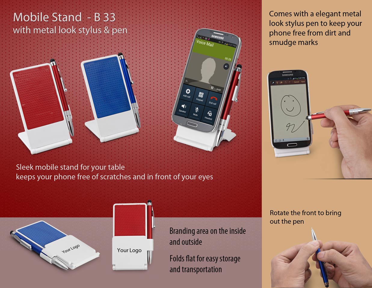Mobile stand with metal look stylus & pen