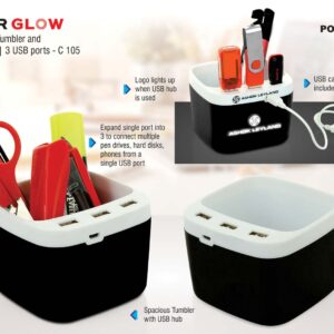Power Glow USB hub with tumbler and logo