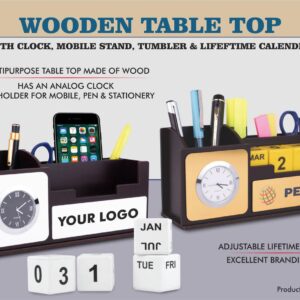 Wooden Table Top With Clock, Mobile Stand, Tumbler, And Lifetime Calendar