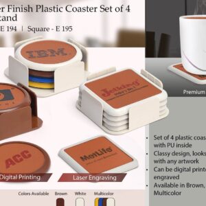 Leather finish Plastic coaster set of 4 with stand (square)