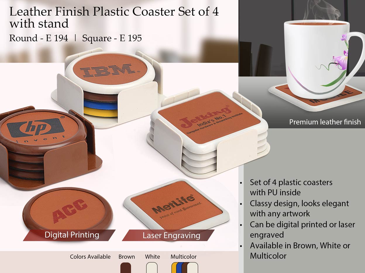 Leather finish Plastic coaster set of 4 with stand (square)