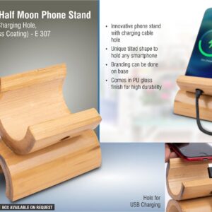 Bamboo Half moon phone stand with mobile Charging hole