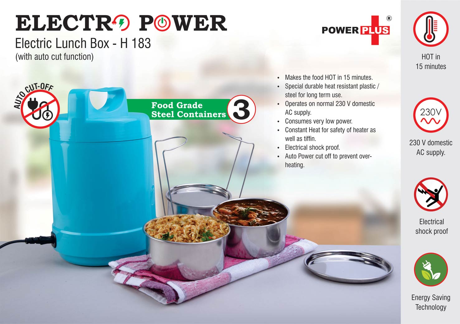 Electro Steel 3 container electric steel lunch box