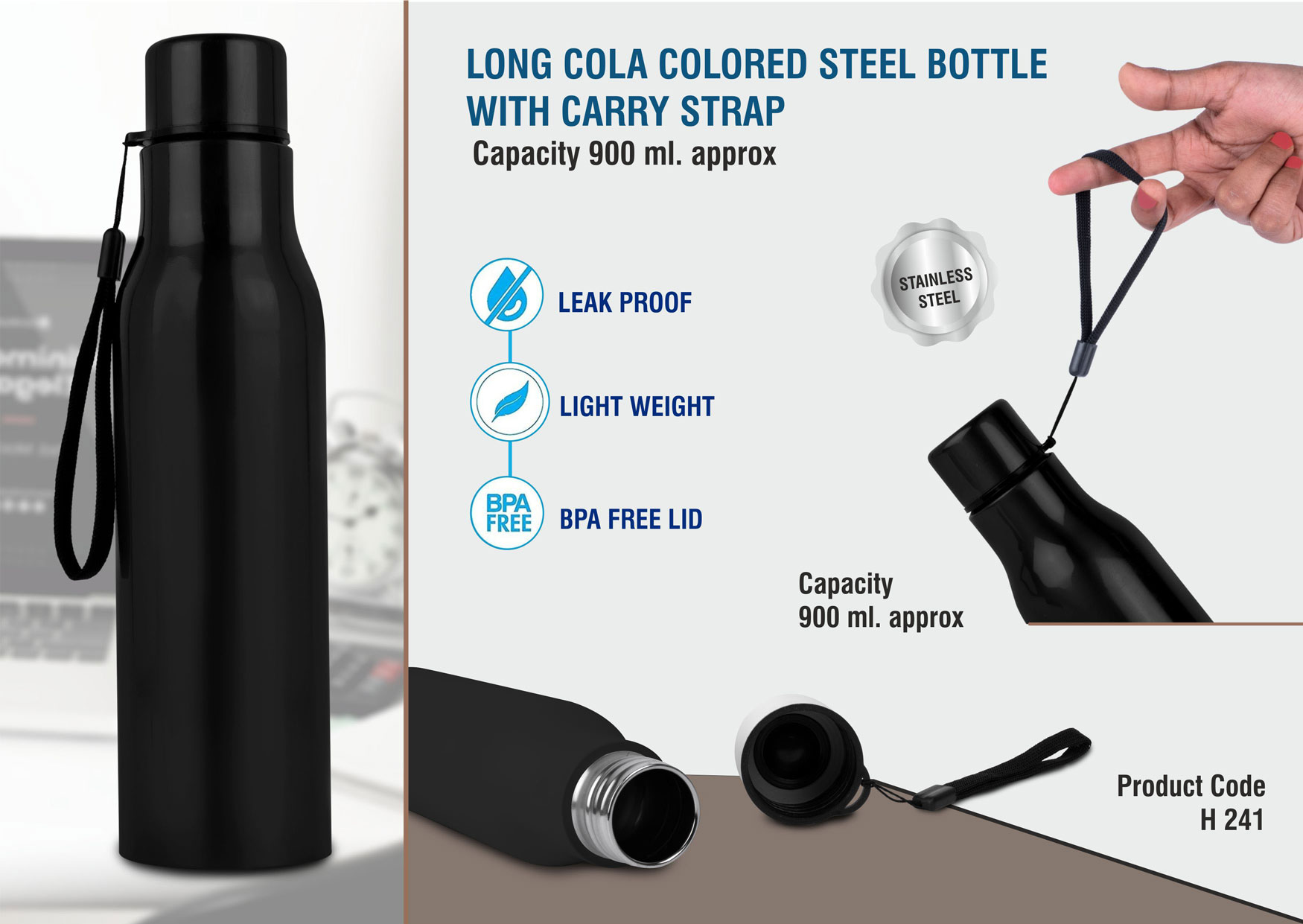 Long Cola Colored Stainless steel bottle with carry strap