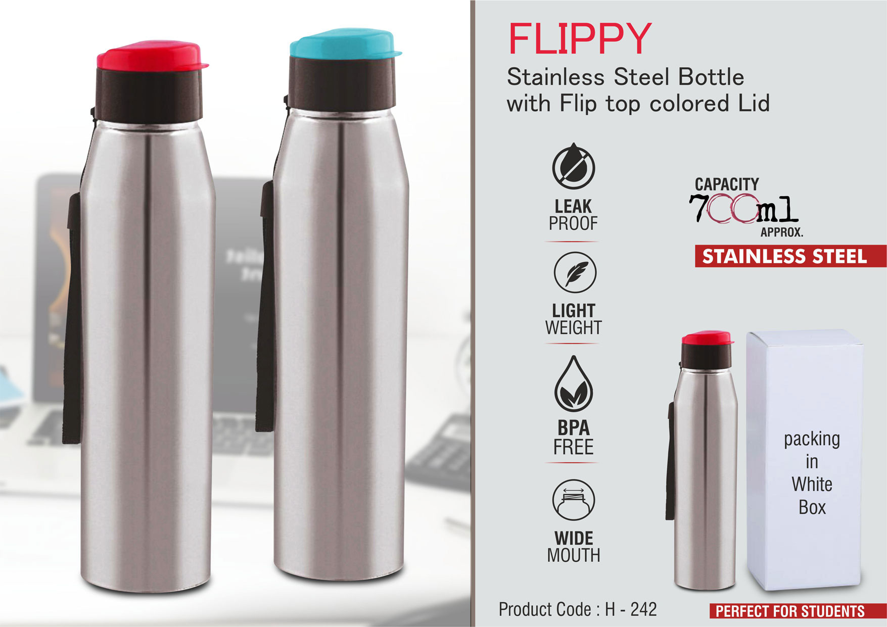 Flippy Stainless steel bottle with flip top colored lid