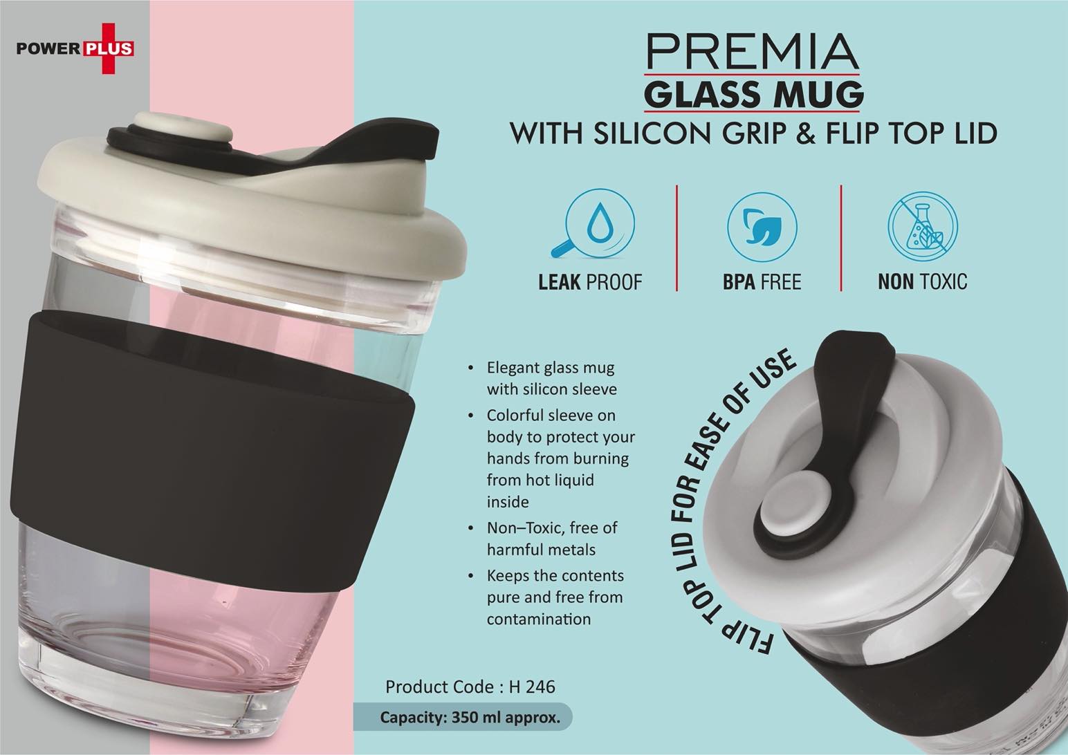 Premia Glass mug with Silicon grip Flip Top lid