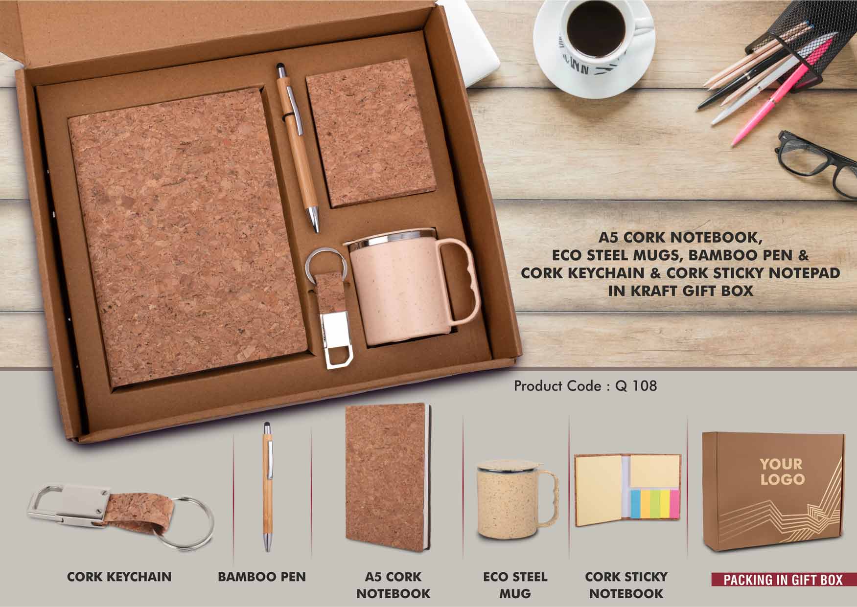 Eco set cork notebook steel mug