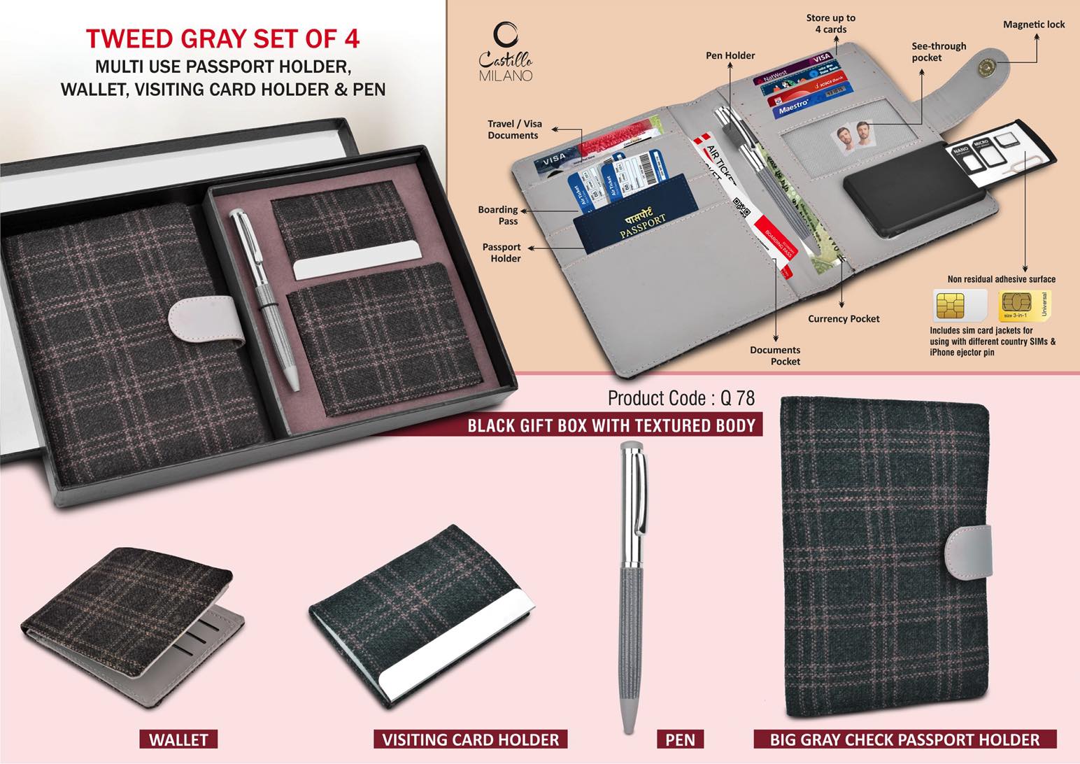 Tweed Gray set of multi use passport holder