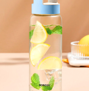 CRYSTO WIDE GLASS BOTTLE WITH BLUE LID BOROSIL