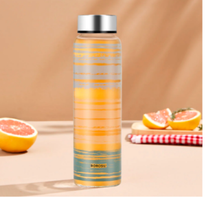 GLANCE CRYSTO Glass WIDE BOTTEL SILVER SS LID BOROSIL