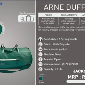 Jack & Jones Arne Duffle Bag in green color with branded zipper, quick-access pocket, and shoe compartment – ideal for corporate gifting.