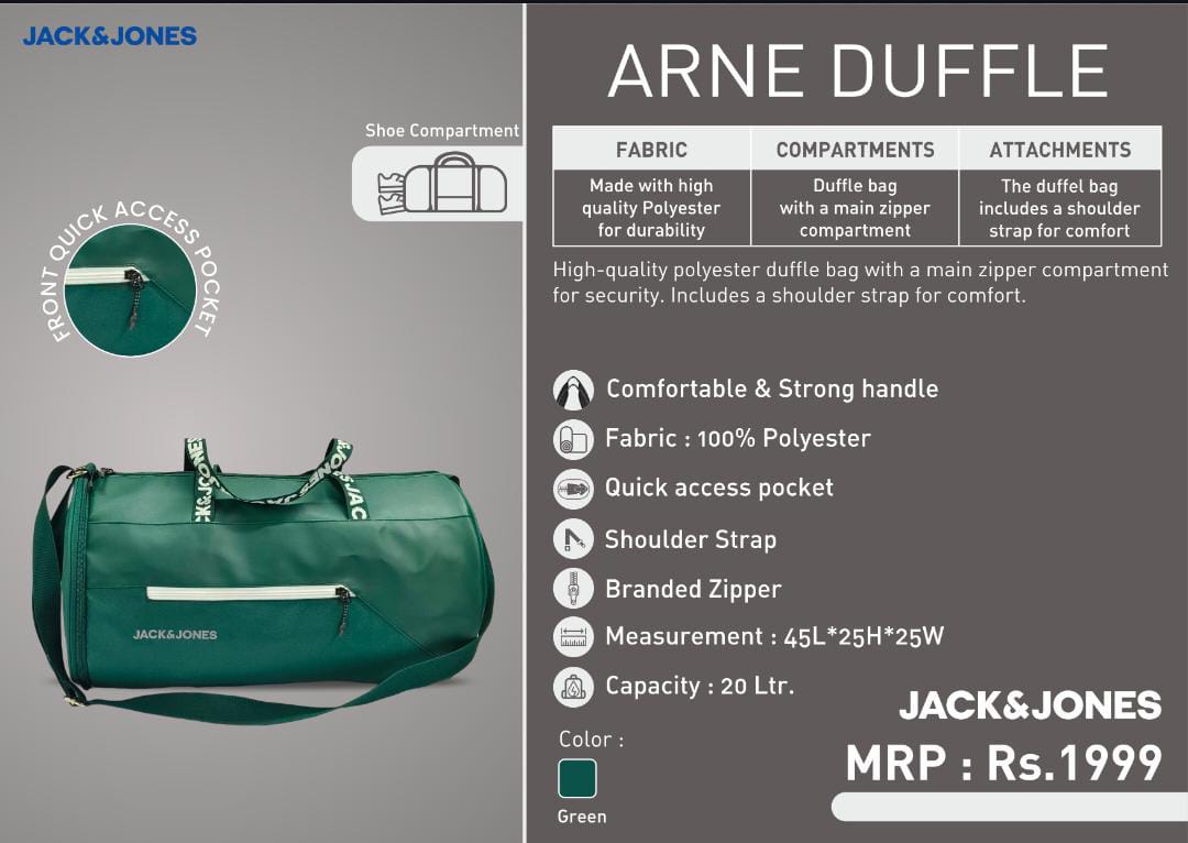 Jack & Jones Arne Duffle Bag in green color with branded zipper, quick-access pocket, and shoe compartment – ideal for corporate gifting.