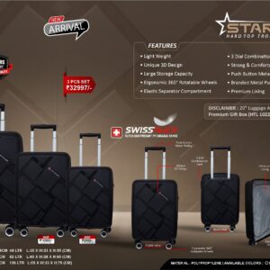 Swiss Military Starkey 3-piece hard top trolley luggage set with 3D design, 360° rotatable wheels, combination lock, and push-button metal trolley – perfect for travel and corporate gifting in Bangalore.