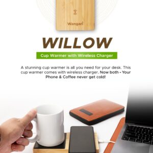 Wangari - Willow Cup Warmer with Wireless Charger in bamboo finish, keeping a coffee mug warm while wirelessly charging a smartphone on a modern office desk setup with laptop and leather accessories