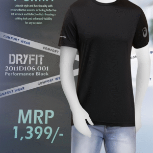 ASICS men's solid black DRYFIT t-shirt featuring reflective sleeve detail, worn by a model, ideal for gym and casual use.