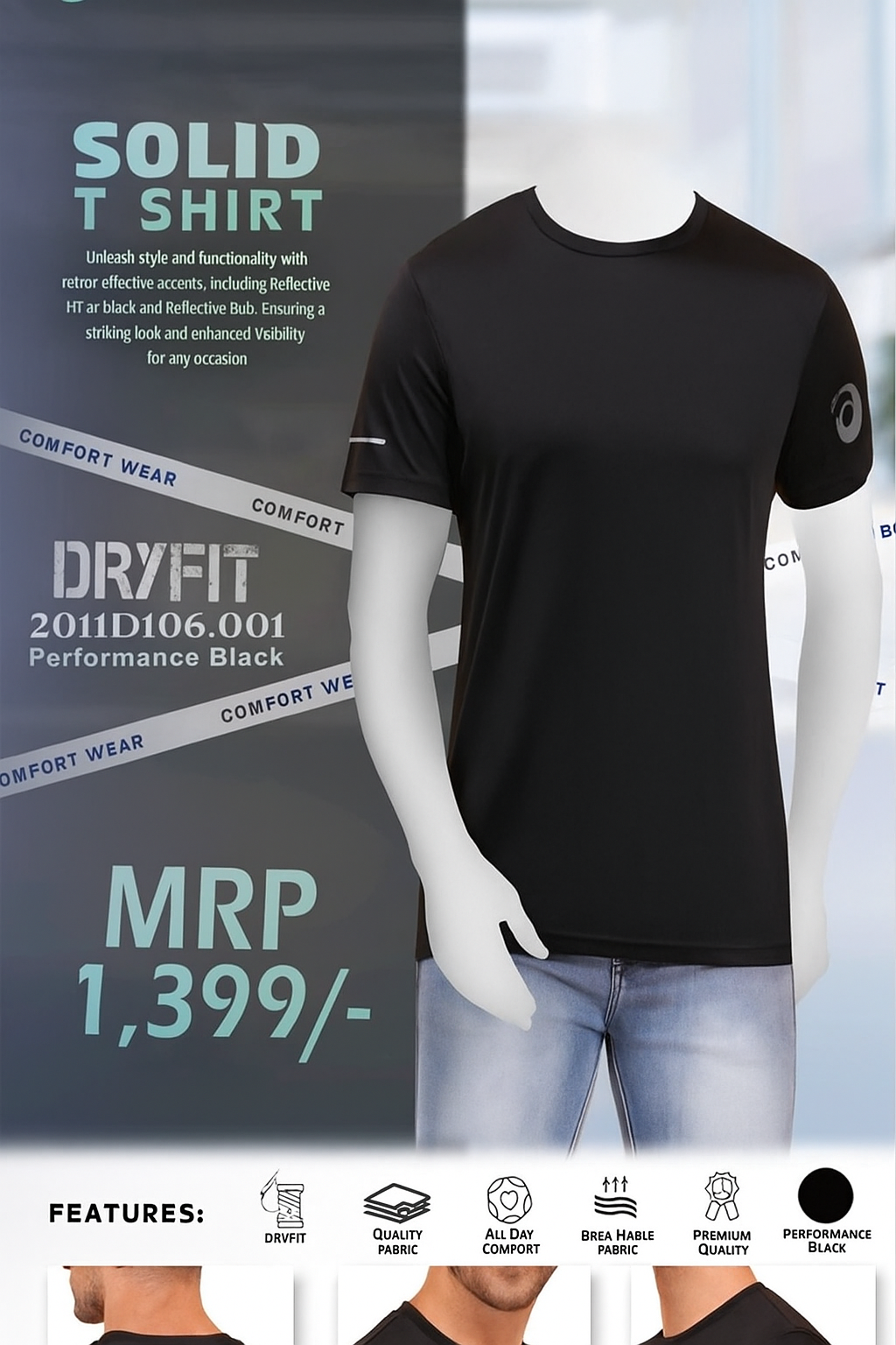 ASICS men's solid black DRYFIT t-shirt featuring reflective sleeve detail, worn by a model, ideal for gym and casual use.